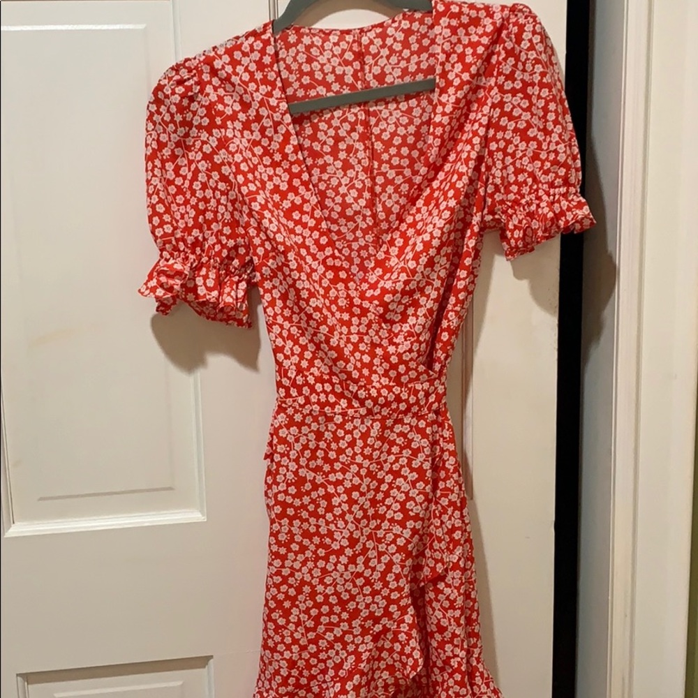 Red floral wrap dress